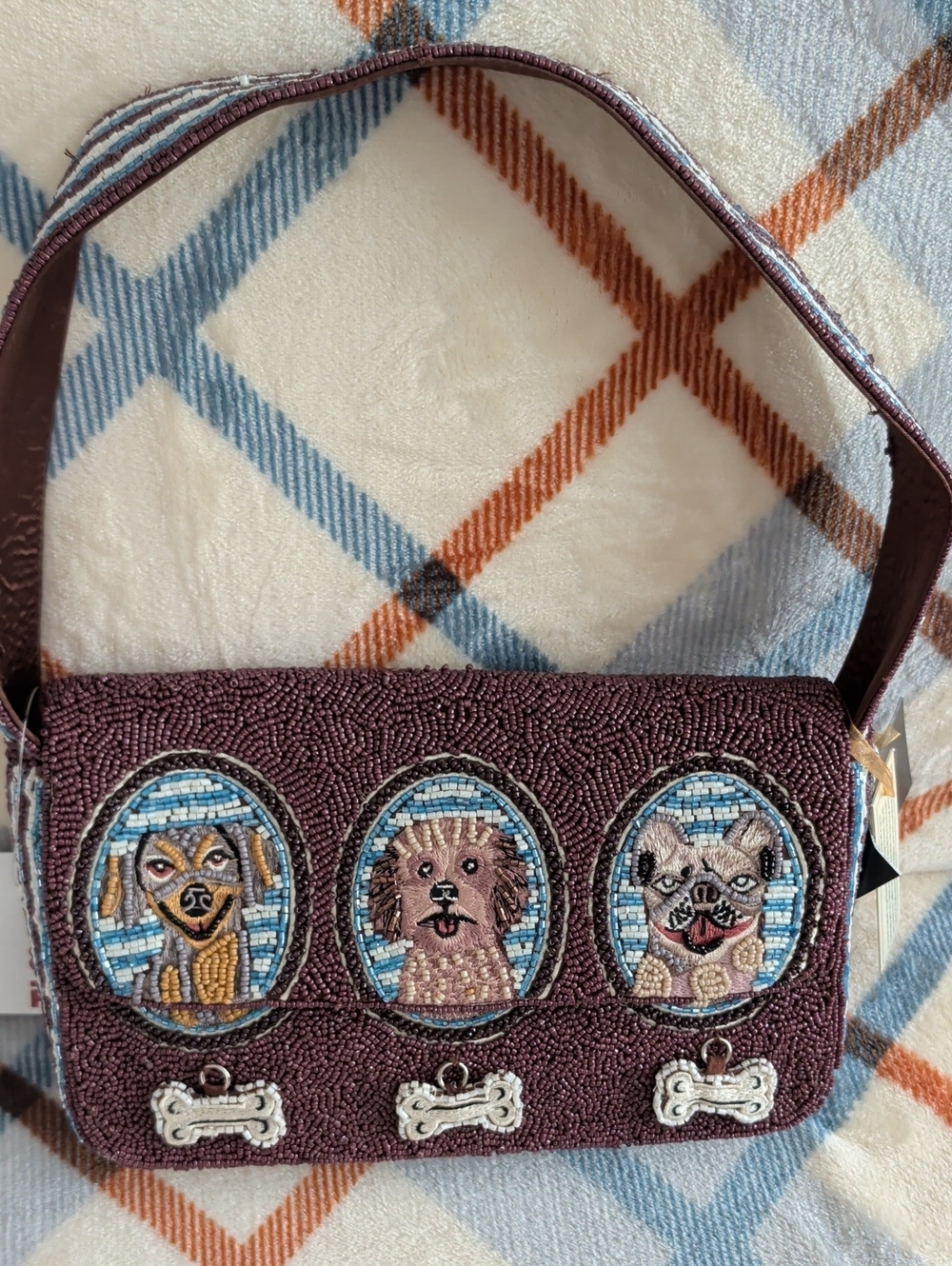 Beaded Dog Portrait Crossbody Bag in Deep Plum